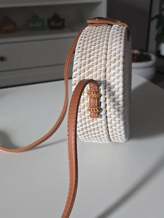 Woven Round Crossbody Bag in White and Tan - Picture 2 of 6